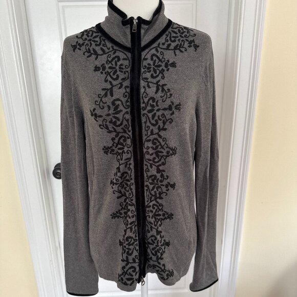 CAbi Long Sleeve Gray Cardigan With Black Velvet Scroll Trim - Picture 2 of 8